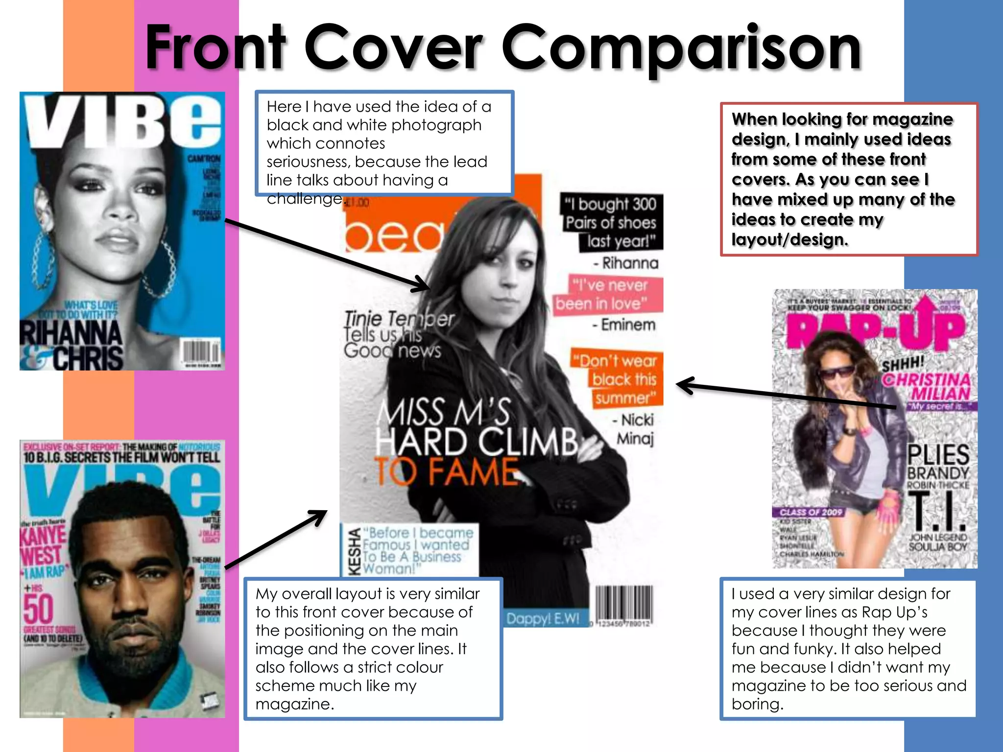 Front Cover Comparison
    Here I have used the idea of a
    black and white photograph         When looking for magazine
    which connotes                     design, I mainly used ideas
    seriousness, because the lead      from some of these front
    line talks about having a          covers. As you can see I
    challenge.                         have mixed up many of the
                                       ideas to create my
                                       layout/design.




   My overall layout is very similar   I used a very similar design for
   to this front cover because of      my cover lines as Rap Up’s
   the positioning on the main         because I thought they were
   image and the cover lines. It       fun and funky. It also helped
   also follows a strict colour        me because I didn’t want my
   scheme much like my                 magazine to be too serious and
   magazine.                           boring.
 