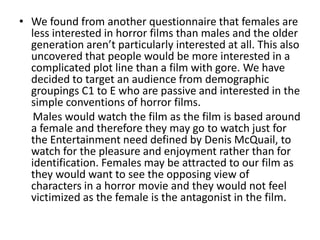 We found from another questionnaire that females are less interested in horror films than males and the older generation aren’t particularly interested at all. This also uncovered that people would be more interested in a complicated plot line than a film with gore. We have decided to target an audience from demographic groupings C1 to E who are passive and interested in the simple conventions of horror films.      Males would watch the film as the film is based around a female and therefore they may go to watch just for the Entertainment need defined by Denis McQuail, to watch for the pleasure and enjoyment rather than for identification. Females may be attracted to our film as they would want to see the opposing view of characters in a horror movie and they would not feel victimized as the female is the antagonist in the film. 