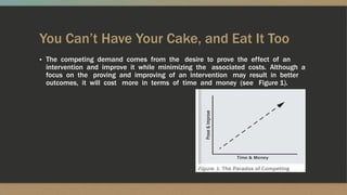 You Can’t Have Your Cake, and Eat It Too
▪ The competing demand comes from the desire to prove the effect of an
intervention and improve it while minimizing the associated costs. Although a
focus on the proving and improving of an intervention may result in better
outcomes, it will cost more in terms of time and money (see Figure 1).
 