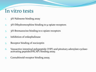 In vitro tests
1. 3H-Naloxone binding assay
2. 3H-Dihydromorphine binding to μ opiate receptors
3. 3H-Bremazocine binding to κ opiate receptors
4. Inhibition of enkephalinase
5. Receptor binding of nociceptin
6. Vasoactive intestinal polypeptide (VIP) and pituitary adenylate cyclase-
activating peptide(PACAP) binding assay.
7. Cannabinoid receptor binding assay.
 