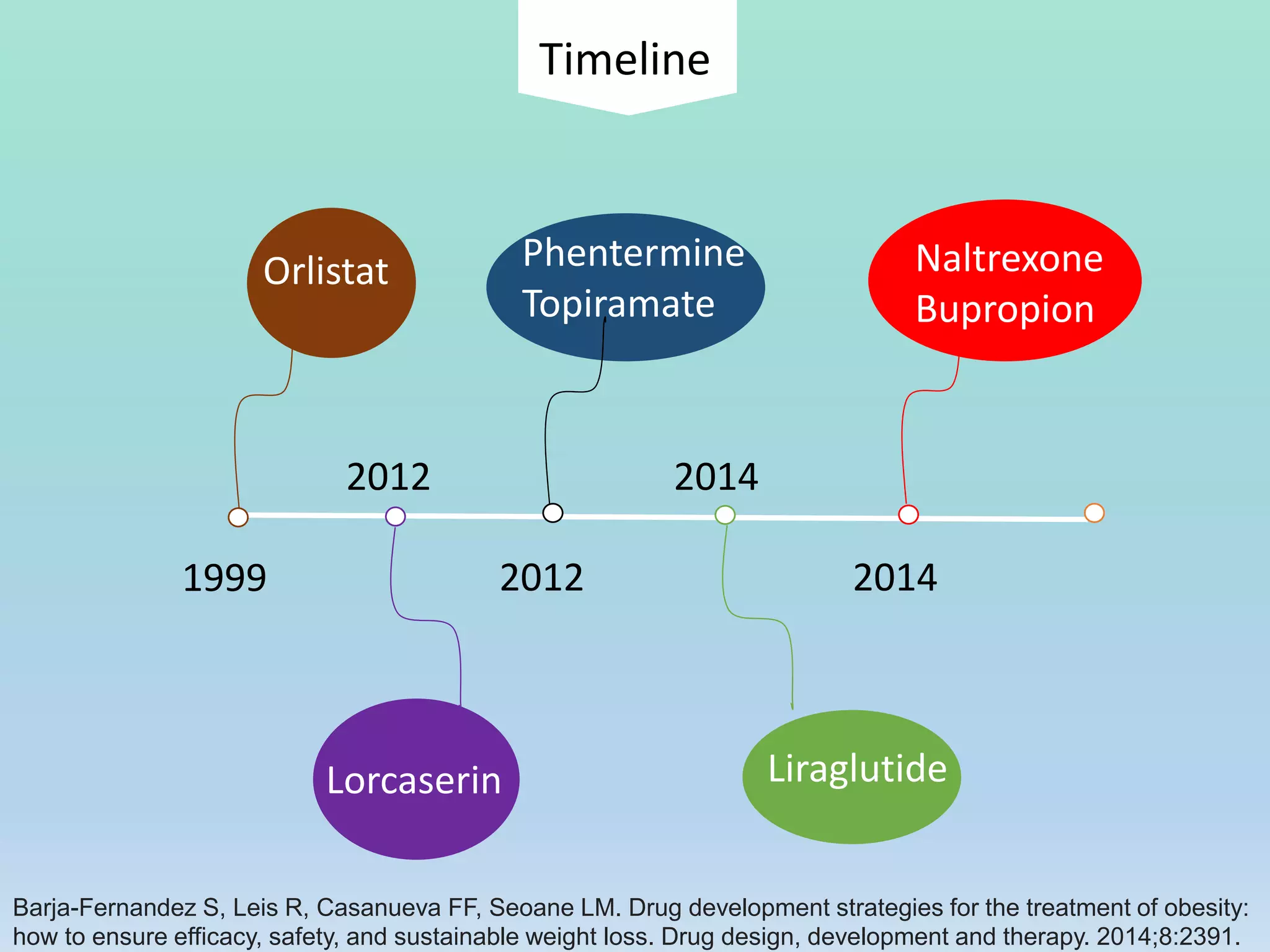 Timeline
1999
2012
2012 2014
2014
Orlistat Phentermine
Topiramate
Liraglutide
Lorcaserin
Naltrexone
Bupropion
Barja-Fernandez S, Leis R, Casanueva FF, Seoane LM. Drug development strategies for the treatment of obesity:
how to ensure efficacy, safety, and sustainable weight loss. Drug design, development and therapy. 2014;8:2391.
 