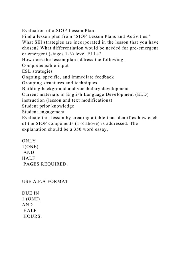 Evaluation of a SIOP Lesson Plan Find a lesson plan from SIOP Les.docx
