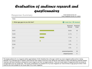 Evaluation of audience research and questionnaires The target audience for my magazine will be aged between 16-22; therefore this is the age in which my music magazine will be prime in being attracted. For a teenage type of readers I think that the main image on the front cover will be the main feature in which will influence potential readers, meaning I will have to produce a strong front cover image to win over my target audience. There are house styles of magazines which are aimed at younger teens such as ‘smash hits’. This survey contributed to my research for my music magazine as I have formed an age group for which I think would be the most suitable for the house style of my music magazine. 