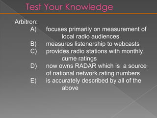 Audience InformationPerson estimatesShareRatingNetwork audience measuresPerson estimatesArbitronShareRatingRADAR