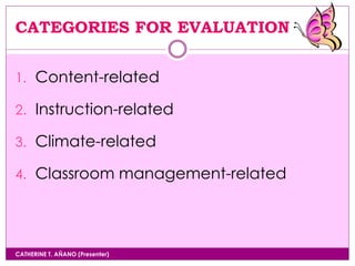 CATEGORIES FOR EVALUATION
CATHERINE T. AÑANO (Presenter)
1. Content-related
2. Instruction-related
3. Climate-related
4. Classroom management-related
 