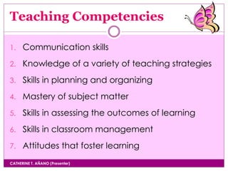 Teaching Competencies
CATHERINE T. AÑANO (Presenter)
1. Communication skills
2. Knowledge of a variety of teaching strategies
3. Skills in planning and organizing
4. Mastery of subject matter
5. Skills in assessing the outcomes of learning
6. Skills in classroom management
7. Attitudes that foster learning
 