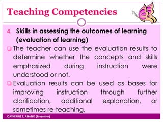 Teaching Competencies
CATHERINE T. AÑANO (Presenter)
4. Skills in assessing the outcomes of learning
(evaluation of learning)
 The teacher can use the evaluation results to
determine whether the concepts and skills
emphasized during instruction were
understood or not.
 Evaluation results can be used as bases for
improving instruction through further
clarification, additional explanation, or
sometimes re-teaching.
 
