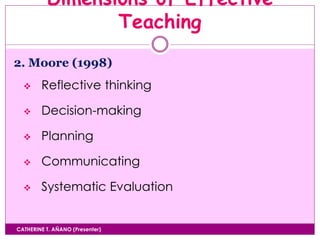 Dimensions of Effective
Teaching
CATHERINE T. AÑANO (Presenter)
2. Moore (1998)
 Reflective thinking
 Decision-making
 Planning
 Communicating
 Systematic Evaluation
 