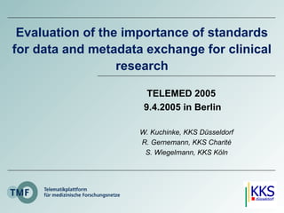 Evaluation of the importance of standards
for data and metadata exchange for clinical
research
TELEMED 2005
9.4.2005 in Berlin
W. Kuchinke, KKS Düsseldorf
R. Gernemann, KKS Charité
S. Wiegelmann, KKS Köln
 
