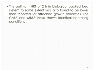 • The optimum HRT of 2 h in biological packed bed
system to some extent was also found to be lower
than reported for attached growth processes. The
CASP and MBBR have shown identical operating
conditions .

28

 