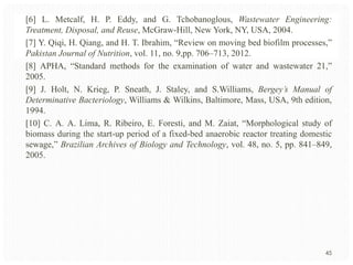 [6] L. Metcalf, H. P. Eddy, and G. Tchobanoglous, Wastewater Engineering:
Treatment, Disposal, and Reuse, McGraw-Hill, New York, NY, USA, 2004.
[7] Y. Qiqi, H. Qiang, and H. T. Ibrahim, “Review on moving bed biofilm processes,”
Pakistan Journal of Nutrition, vol. 11, no. 9,pp. 706–713, 2012.
[8] APHA, “Standard methods for the examination of water and wastewater 21,”
2005.
[9] J. Holt, N. Krieg, P. Sneath, J. Staley, and S.Williams, Bergey’s Manual of
Determinative Bacteriology, Williams & Wilkins, Baltimore, Mass, USA, 9th edition,
1994.
[10] C. A. A. Lima, R. Ribeiro, E. Foresti, and M. Zaiat, “Morphological study of
biomass during the start-up period of a fixed-bed anaerobic reactor treating domestic
sewage,” Brazilian Archives of Biology and Technology, vol. 48, no. 5, pp. 841–849,
2005.

45

 