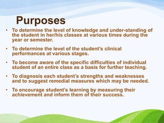 Purposes
• To determine the level of knowledge and under-standing of
  the student in her/his classes at various times during the
  year or semester.
• To determine the level of the student‟s clinical
  performances at various stages.
• To become aware of the specific difficulties of individual
  student of an entire class as a basis for further teaching.
• To diagnosis each student‟s strengths and weaknesses
  and to suggest remedial measures which may be needed.
• To encourage student‟s learning by measuring their
  achievement and inform them of their success.
 