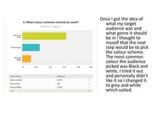 Once I got the idea of
what my target
audience was and
what genre it should
be in I thought to
myself that the next
step would be to pick
the colour scheme.
The most common
colour the audience
picked was Black and
white, I tried it out
and personally didn’t
like it so I changed it
to grey and white
which suited.
 