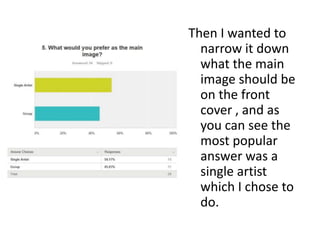Then I wanted to
narrow it down
what the main
image should be
on the front
cover , and as
you can see the
most popular
answer was a
single artist
which I chose to
do.
 