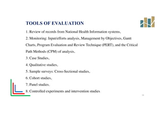 1. Review of records from National Health Information systems,
2. Monitoring: Input/efforts analysis, Management by Objectives, Gantt
Charts, Program Evaluation and Review Technique (PERT), and the Critical
Path Methods (CPM) of analysis,
3. Case Studies,
4. Qualitative studies,
5. Sample surveys: Cross-Sectional studies,
6. Cohort studies,
7. Panel studies.
8. Controlled experiments and intervention studies
TOOLS OF EVALUATION
14
 
