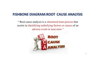 FISHBONE DIAGRAM:ROOT CAUSE ANALYSIS
16
“ Root cause analysis is a structured team process that
assists in identifying underlying factors or causes of an
adverse event or near-miss ”
 