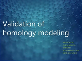 Validation of
homology modeling
PRESENTED BY:
ALICHY SOWMYA
18PIM2855
M.S. (PHARM) 2ND SEM
NIPER, S.A.S NAGAR
 