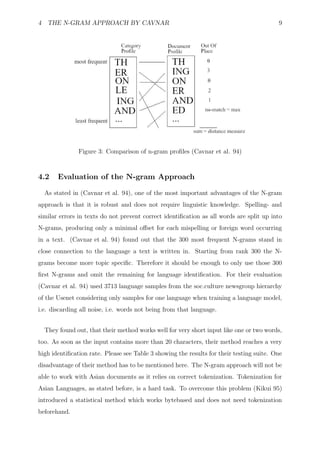 4 THE N-GRAM APPROACH BY CAVNAR                                                           9




               Figure 3: Comparison of n-gram proﬁles (Cavnar et al. 94)



4.2    Evaluation of the N-gram Approach

  As stated in (Cavnar et al. 94), one of the most important advantages of the N-gram
approach is that it is robust and does not require linguistic knowledge. Spelling- and
similar errors in texts do not prevent correct identiﬁcation as all words are split up into
N-grams, producing only a minimal oﬀset for each mispelling or foreign word occurring
in a text. (Cavnar et al. 94) found out that the 300 most frequent N-grams stand in
close connection to the language a text is written in. Starting from rank 300 the N-
grams become more topic speciﬁc. Therefore it should be enough to only use those 300
ﬁrst N-grams and omit the remaining for language identiﬁcation. For their evaluation
(Cavnar et al. 94) used 3713 language samples from the soc.culture newsgroup hierarchy
of the Usenet considering only samples for one language when training a language model,
i.e. discarding all noise, i.e. words not being from that language.


  They found out, that their method works well for very short input like one or two words,
too. As soon as the input contains more than 20 characters, their method reaches a very
high identiﬁcation rate. Please see Table 3 showing the results for their testing suite. One
disadvantage of their method has to be mentioned here. The N-gram approach will not be
able to work with Asian documents as it relies on correct tokenization. Tokenization for
Asian Languages, as stated before, is a hard task. To overcome this problem (Kikui 95)
introduced a statistical method which works bytebased and does not need tokenization
beforehand.
 