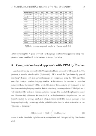 5 COMPRESSION BASED APPROACH WITH PPM BY TEAHAN                                                    10

                Article Length    ≤300    ≤ 300   ≤ 300   ≤ 300     300    300     300     300
                Proﬁle Length      100    200     300     400       100    200     300     400
                Newsgroup
                australia         100.0   100.0   100.0   100.0    100.0   100.0   100.0   100.0
                brazil             70.0   80.0    90.0    90.0      91.3   91.3    95.6    95.7
                britain            96.9   100.0   100.0   100.0    100.0   100.0   100.0   100.0
                canada             96.9   100.0   100.0   100.0    100.0   99.6*   100.0   100.0
                celtic            100.0   100.0   100.0   100.0     99.7   100.0   100.0   100.0
                france             90.0   95.0    100.0   *95.0     99.6   99.6    *99.2   99.6
                germany           100.0   100.0   100.0   100.0     98.9   100.0   100.0   100.0
                italy              88.2   100.0   100.0   100.0     91.6   99.3    99.6    100.0
                latinamerica       91.3   95.7    *91.3   95.7      97.5   100.0   *99.5   *99.0
                mexico             90.6   100.0   100.0   100.0     94.9   99.1    100.0   *99.5
                netherlands        92.3   96.2    96.2    96.2      96.2   99.0    100.0   100.0
                poland             93.3   93.3    100.0   100.0    100.0   100.0   100.0   100.0
                portugal          100.0   100.0   100.0   100.0     86.8   97.6    100     100
                spain              81.5   96.3    100.0   100.0     90.7   98.9    98.9    99.45

                Overall            92.9   97.6    98.6    98.3      97.2   99.5    99.8    99.8


                  Table 3: N-gram approach results in (Cavnar et al. 94)



After discussing the N-gram approach the Language identiﬁcation approach using com-
pression based models will be introduced in the section below.



5       Compression based approach with PPM by Teahan
    Another interesting approach is the Compression Based approach by (Teahan et al. 01),
parts of it already introduced in (Teahan 00). PPM stands for ”prediction by partial
matching”. Sample text from various languages are compressed using the PPM algorithm
described below to produce language models. A document to be identiﬁed is then also
compressed and the number of bits needed to encode this document are compared to the
bits in the existing language models. Before explaining the usage of the PPM algorithm I
will introduce the notion of entropy and cross-entropy. For a detailed explanation please
see (Shannon 48). (Shannon 48) described in the fundamental coding theorem that the
lower bound on the average number of bits per symbol needed to encode messages of the
language is given by the entropy of the probability distribution, often referred to as the
”Entropy of Language”

                                                             k
                               H(Language) = H(p) =               p(si ) log2 p(si )               (6)
                                                            i=1

where k is the size of the alphabet and si the symbols with their probability distribution
p(s).
 