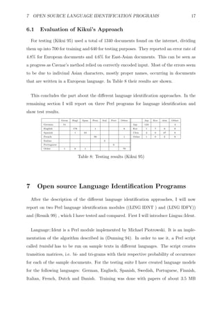 7 OPEN SOURCE LANGUAGE IDENTIFICATION PROGRAMS                                                                17


6.1     Evaluation of Kikui’s Approach

    For testing (Kikui 95) used a total of 1340 documents found on the internet, dividing
them up into 700 for training and 640 for testing purposes. They reported an error rate of
4.8% for European documents and 4.6% for East-Asian documents. This can be seen as
a progress as Cavnar’s method relied on correctly encoded input. Most of the errors seem
to be due to indiviual Asian characters, mostly proper names, occurring in documents
that are written in a European language. In Table 8 their results are shown.


    This concludes the part about the diﬀerent language identiﬁcation approaches. In the
remaining section I will report on three Perl programs for language identiﬁcation and
show test results.
                       Germ   Engl     Span   Fren   Ital   Port   Other           Jap   Kor   chin   Other
          German        51                                                 Jap     123                  4
          English             178              1                     6     Kor      1     7     0       0
          Spanish              1        23                                 Chin     2     0    47       0
          French                              90                     1     Other    1     0     2       8
          Italian                                     3
          Portuguese                                         6
          Other         1      8        1                           70


                                     Table 8: Testing results (Kikui 95)




7      Open source Language Identiﬁcation Programs
    After the description of the diﬀerent language identiﬁcation approaches, I will now
report on two Perl language identiﬁcation modules ((LING IDNT ) and (LING IDFY))
and (Resnik 99) , which I have tested and compared. First I will introduce Lingua::Ident.


    Language::Ident is a Perl module implemented by Michael Piotrowski. It is an imple-
mentation of the algorithm described in (Dunning 94). In order to use it, a Perl script
called trainlid has to be run on sample texts in diﬀerent languages. The script creates
transition matrices, i.e. bi- and tri-grams with their respective probability of occurrence
for each of the sample documents. For the testing suite I have created language models
for the following languages: German, Englisch, Spanish, Swedish, Portuguese, Finnish,
Italian, French, Dutch and Danish. Training was done with papers of about 3.5 MB
 