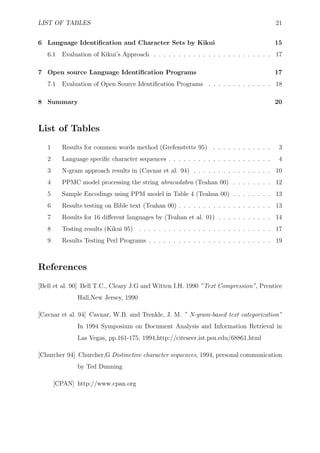 LIST OF TABLES                                                                            21


6 Language Identiﬁcation and Character Sets by Kikui                                      15
   6.1   Evaluation of Kikui’s Approach . . . . . . . . . . . . . . . . . . . . . . . . 17

7 Open source Language Identiﬁcation Programs                                             17
   7.1   Evaluation of Open Source Identiﬁcation Programs . . . . . . . . . . . . . 18

8 Summary                                                                                 20



List of Tables
   1     Results for common words method (Grefenstette 95) . . . . . . . . . . . .         3
   2     Language speciﬁc character sequences . . . . . . . . . . . . . . . . . . . . .    4
   3     N-gram approach results in (Cavnar et al. 94) . . . . . . . . . . . . . . . . 10
   4     PPMC model processing the string abracadabra (Teahan 00) . . . . . . . . 12
   5     Sample Encodings using PPM model in Table 4 (Teahan 00) . . . . . . . . 13
   6     Results testing on Bible text (Teahan 00) . . . . . . . . . . . . . . . . . . . 13
   7     Results for 16 diﬀerent languages by (Teahan et al. 01) . . . . . . . . . . . 14
   8     Testing results (Kikui 95) . . . . . . . . . . . . . . . . . . . . . . . . . . . 17
   9     Results Testing Perl Programs . . . . . . . . . . . . . . . . . . . . . . . . . 19



References
[Bell et al. 90] Bell T.C., Cleary J.G and Witten I.H. 1990 ”Text Compression”, Prentice
              Hall,New Jersey, 1990

[Cavnar et al. 94] Cavnar, W.B. and Trenkle, J. M. ” N-gram-based text categorization”
              In 1994 Symposium on Document Analysis and Information Retrieval in
              Las Vegas, pp.161-175, 1994,http://citeseer.ist.psu.edu/68861.html

[Churcher 94] Churcher,G Distinctive character sequences, 1994, personal communication
              by Ted Dunning

       [CPAN] http://www.cpan.org
 