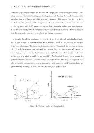 3 STATISTICAL APPROACH BY TED DUNNING                                                   6


data like English occurring in the Spanish texts to provide ideal testing conditions. Dun-
ning compared diﬀerent training and testing sizes. His ﬁndings for small training data
are that they work better with bi-grams and tri-grams. This means that k=1 or k=2,
so that only the previous or the two previous characters are taken into account. He also
conducted a test with DNA sequences, stating that it is similar to language identiﬁcation.
Here the task was to extract sequences of yeast from human sequences. Dunning showed
that his approach could also be used extract foreign sequences.


  A detailed list of his results can be seen in Figure 1. As with all statistical methods,
results can improve as more training data is available, which in this case are just sample
texts from a language. The input size is also of concern. (Dunning 94) reports an accuracy
of 92% with 20 bytes of text and 500K of training data. As the amount of text to be
examined grows, he reports 99,9% accuracy for 500 bytes of text to be classiﬁed. The
advantages of statistical methods are manifold. No linguistic knowledge is needed to
perform identiﬁcation and the input can be character based. This way the approach can
also be used for documents written in languages which cannot be easily tokenized and no
preprocessing is needed. I will come back to this point in Section 6.




                        Figure 1: Testing results in (Dunning 94)
 
