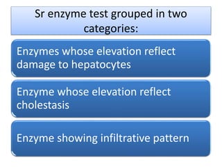 Sr enzyme test grouped in two
categories:
Enzymes whose elevation reflect
damage to hepatocytes
Enzyme whose elevation reflect
cholestasis
Enzyme showing infiltrative pattern
 