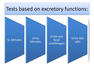 Tests based on excretory functions:
Sr. bilirubin
Urine
bilirubin
Urine and
fecal
urobilinogen
Urine bile
salts
 