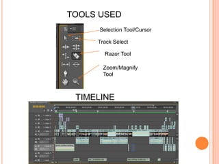 TOOLS USEDSelection Tool/CursorTrack SelectRazor ToolZoom/Magnify ToolTIMELINE