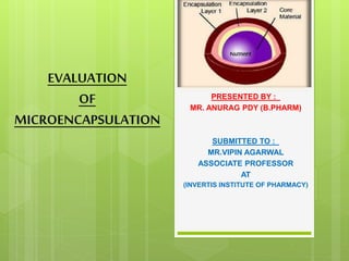 EVALUATION
OF
MICROENCAPSULATION
PRESENTED BY :_
MR. ANURAG PDY (B.PHARM)
SUBMITTED TO :_
MR.VIPIN AGARWAL
ASSOCIATE PROFESSOR
AT
(INVERTIS INSTITUTE OF PHARMACY)
 