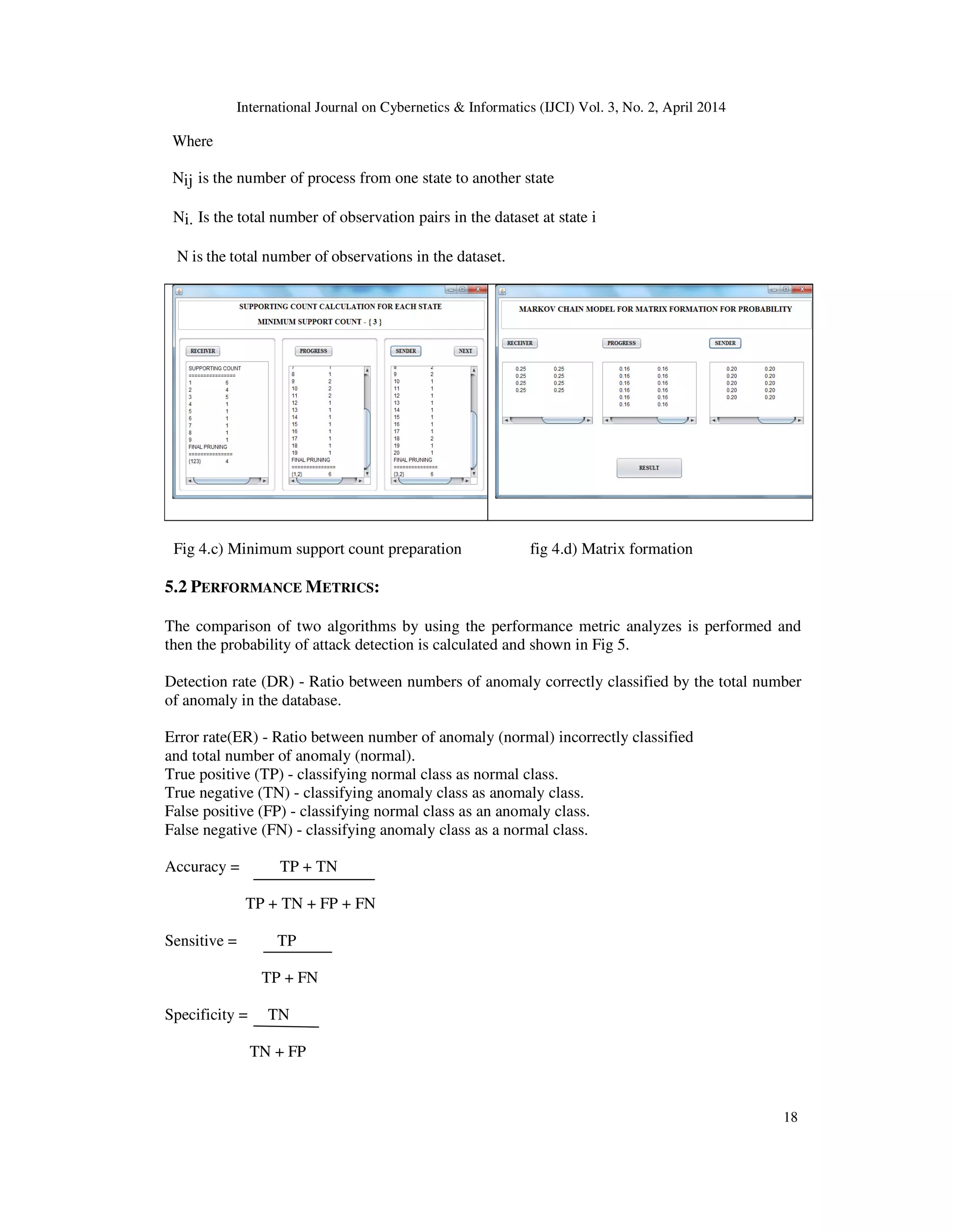 International Journal on Cybernetics & Informatics (IJCI) Vol. 3, No. 2, April 2014 18 Where Nij is the number of process from one state to another state Ni. Is the total number of observation pairs in the dataset at state i N is the total number of observations in the dataset. Fig 4.c) Minimum support count preparation fig 4.d) Matrix formation 5.2 PERFORMANCE METRICS: The comparison of two algorithms by using the performance metric analyzes is performed and then the probability of attack detection is calculated and shown in Fig 5. Detection rate (DR) - Ratio between numbers of anomaly correctly classified by the total number of anomaly in the database. Error rate(ER) - Ratio between number of anomaly (normal) incorrectly classified and total number of anomaly (normal). True positive (TP) - classifying normal class as normal class. True negative (TN) - classifying anomaly class as anomaly class. False positive (FP) - classifying normal class as an anomaly class. False negative (FN) - classifying anomaly class as a normal class. Accuracy = TP + TN TP + TN + FP + FN Sensitive = TP TP + FN Specificity = TN TN + FP 