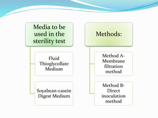 Media to be
used in the
sterility test
Fluid
Thioglycollate
Medium
Soyabean-casein
Digest Medium
Methods:
Method A-
Membrane
filtration
method
Method B-
Direct
inoculation
method
 