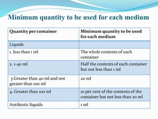 Minimum quantity to be used for each medium
Quantity per container Minimum quantity to be used
for each medium
Liquids
1. less than 1 ml The whole contents of each
container
2. 1-40 ml Half the contents of each container
but not less than 1 ml
3.Greater than 40 ml and not
greater than 100 ml
20 ml
4. Greater than 100 ml 10 per cent of the contents of the
container but not less than 20 ml
Antibiotic liquids 1 ml
 