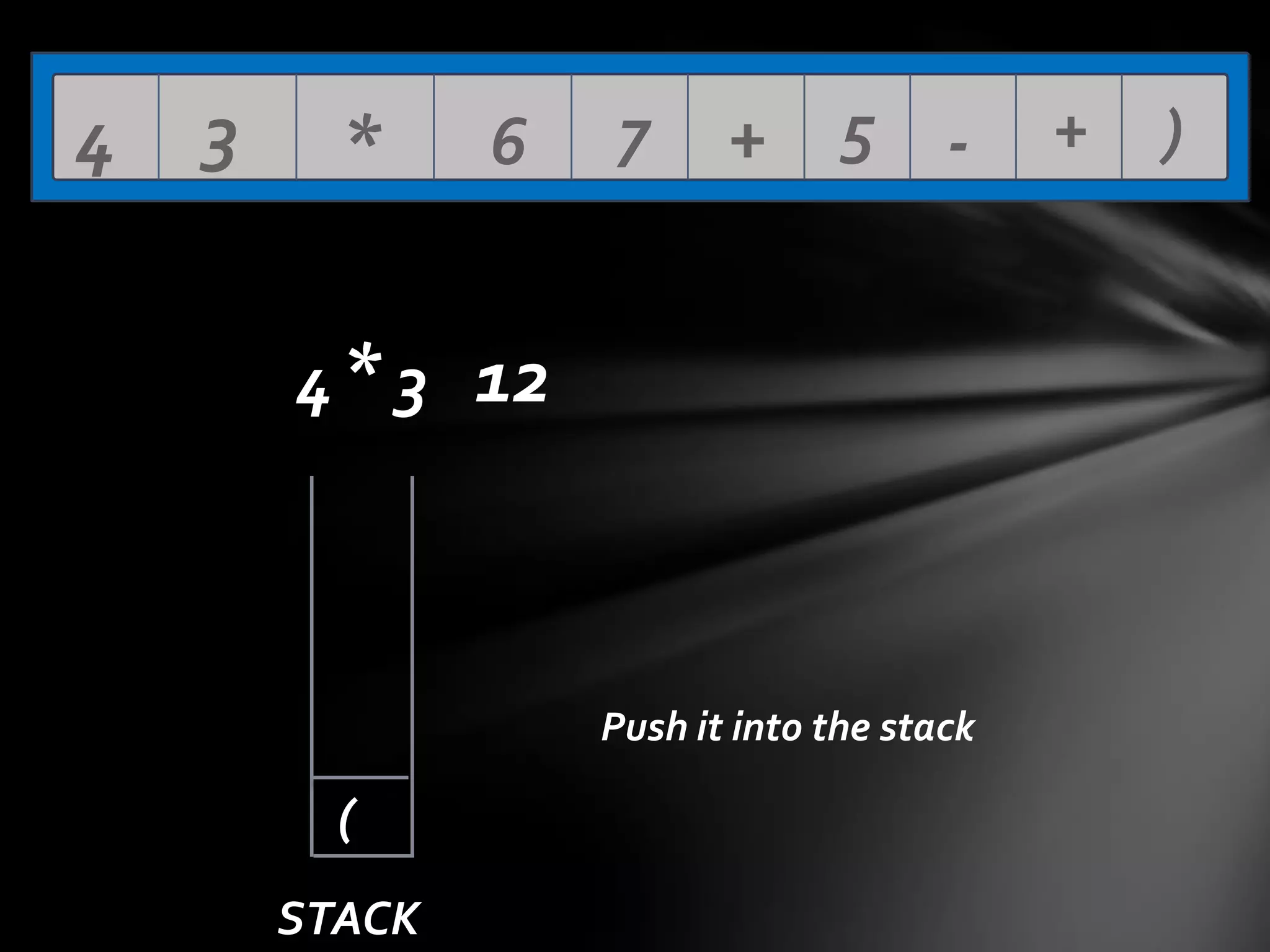 4

3

*

6

7

+ 5 -

4 * 3 12

Push it into the stack

(
STACK

+

)

 