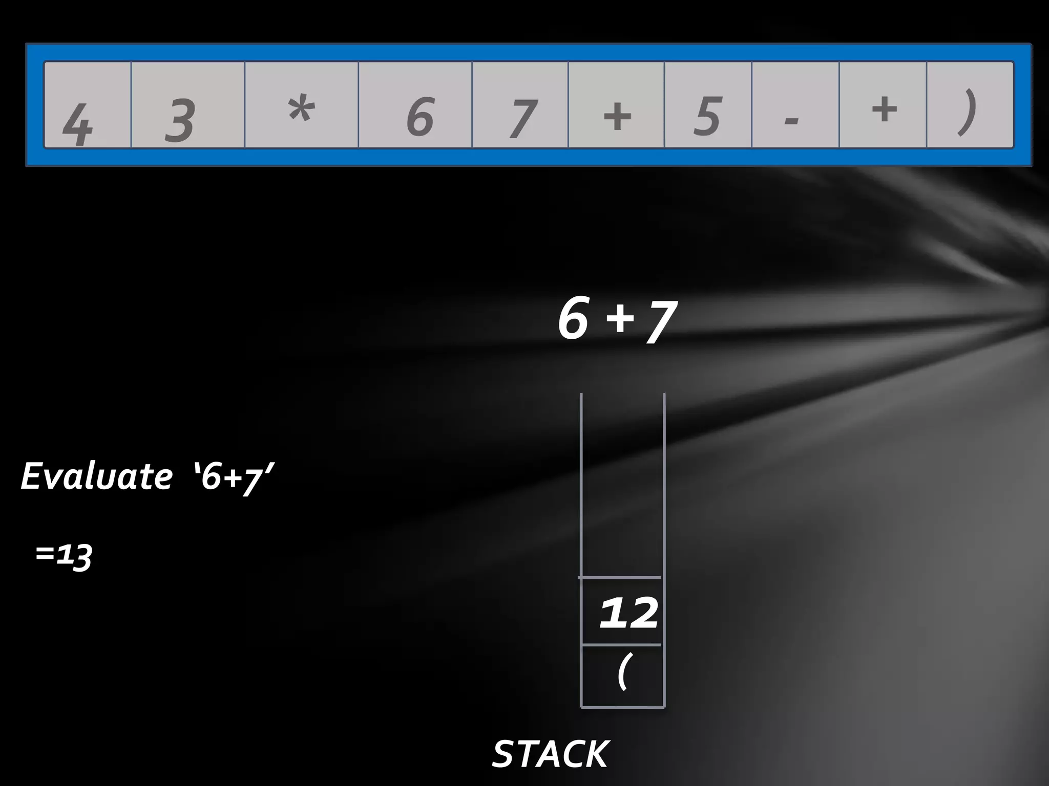 4

3

*

6

7

+ 5 6+7

Evaluate ‘6+7’
=13

12
(
STACK

+

)

 