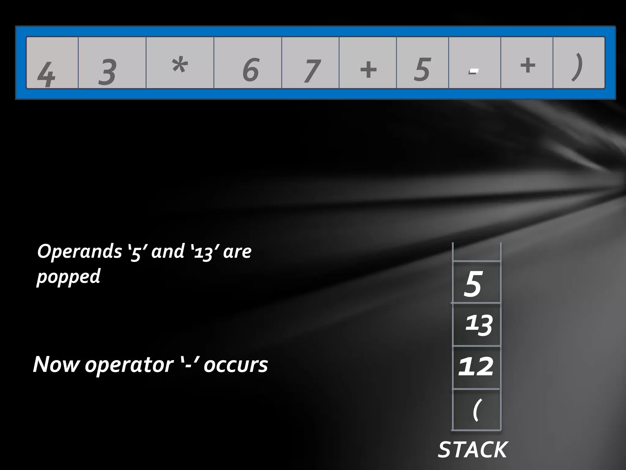4

3

*

6

Operands ‘5’ and ‘13’ are
popped

7

+ 5 - + )

5
13

Now operator ‘-’ occurs

12
(
STACK

 