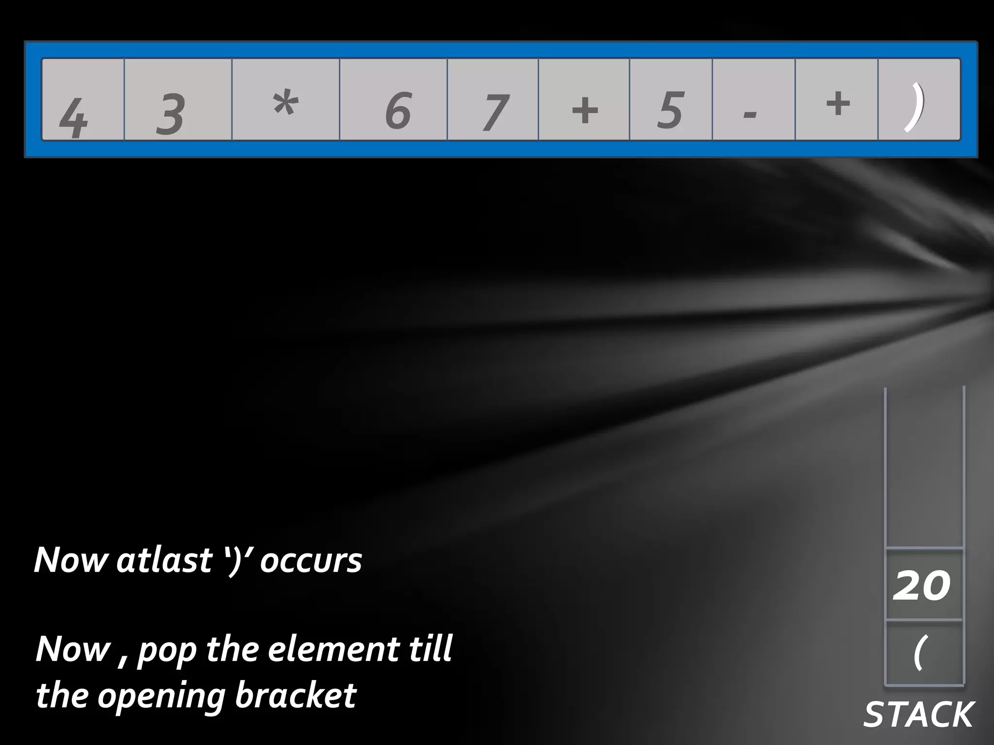 4

3

*

6

Now atlast ‘)’ occurs
Now , pop the element till
the opening bracket

7

+ 5 -

+ )

20
(
STACK

 