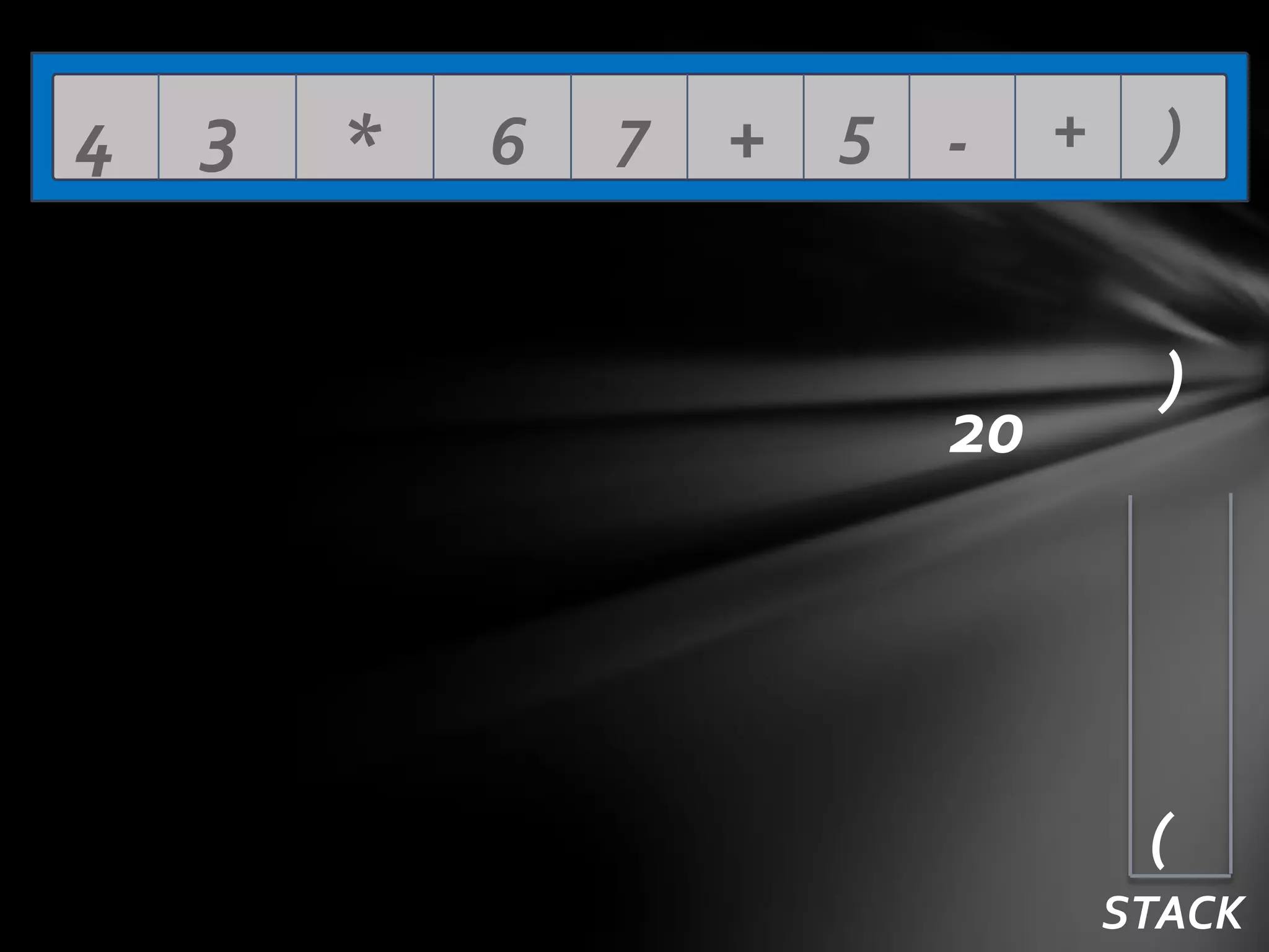 4

3

*

6

7

+ 5 -

20

+

)

)

(
STACK

 