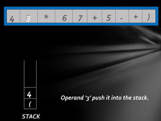 4

3

4
(
STACK

*

6

7

+ 5 -

+

)

Operand ‘3’ push it into the stack.

 