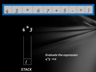 4

3

*

6

7

+ 5 -

4* 3

(
STACK

Evaluate the expression
4*3 =12

+

)

 