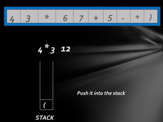 4

3

*

6

7

+ 5 -

4 * 3 12

Push it into the stack

(
STACK

+

)

 