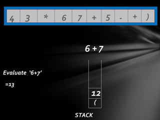 4

3

*

6

7

+ 5 6+7

Evaluate ‘6+7’
=13

12
(
STACK

+

)

 
