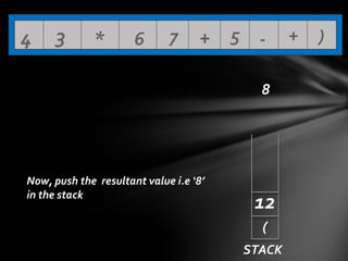 4

3

*

6

7

+ 5 8

Now, push the resultant value i.e ‘8’
in the stack

12
(
STACK

+

)

 