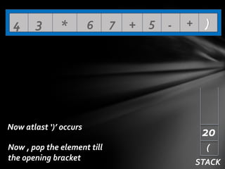 4

3

*

6

Now atlast ‘)’ occurs
Now , pop the element till
the opening bracket

7

+ 5 -

+ )

20
(
STACK

 