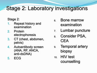Stage 2:
1. Repeat history and
examination
2. Protein
electrophoresis
3. CT (chest, abdomen,
pelvis)
4. Autoantibody screen
(ANA, RF, ANCA,
anti-dsDNA)
5. ECG
Stage 2: Laboratory investigations
6. Bone marrow
examination
7. Lumbar puncture
8. Consider PSA,
CEA
9. Temporal artery
biopsy
10. HIV test
counselling
 