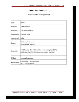 EVALUATION OF PURCHASING PROCESS AT MRF LTD.
COMPANY PROFILE
Madras Rubber Factory Limited
Type Public
Founded 1949(chennai)
Founder(s) K M Mammen Pillai
Headquarters Chennai, India
Area served India
Industry
Car tyres, Motorcycle
Tyres, Bus/Truck tyres
Financials
Total Income - Rs. 56982 Million ( year ending Sep 2009)
Net Profit - Rs. 2563.2 Million ( year ending Sep 2009)
Website www.mrftyres.com
Key Persons
Chairperson – K M Mammen
MD - Arun Mammen
T. JOHN INSTITUTE OF MANAGEMENT AND SCIENCE, BANGALORE Page 12
 