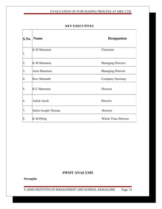 EVALUATION OF PURCHASING PROCESS AT MRF LTD.
SWOT ANALYSIS
Strengths
T. JOHN INSTITUTE OF MANAGEMENT AND SCIENCE, BANGALORE Page 14
KEY EXECUTIVES
S.No Name Designation
1.
K M Mammen Chairman
2. K M Mammen Managing Director
3. Arun Mammen Managing Director
4. Ravi Mannath Company Secretary
5. K C Mammen Director
6. Ashok Jacob Director
7. Salim Joseph Thomas Director
8. K M Philip Whole Time Director
 