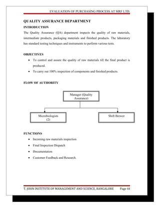 EVALUATION OF PURCHASING PROCESS AT MRF LTD.
QUALITY ASSURANCE DEPARTMENT
INTRODUCTION
The Quality Assurance (QA) department inspects the quality of raw materials,
intermediate products, packaging materials and finished products. The laboratory
has standard testing techniques and instruments to perform various tests.
OBJECTIVES
• To control and assure the quality of raw materials till the final product is
produced.
• To carry out 100% inspection of components and finished products.
FLOW OF AUTHORITY
FUNCTIONS
• Incoming raw materials inspection
• Final Inspection Dispatch
• Documentation
• Customer Feedback and Research.
T. JOHN INSTITUTE OF MANAGEMENT AND SCIENCE, BANGALORE Page 44
Manager (Quality
Assurance)
Shift BrewerMicrobiologists
(2)
 