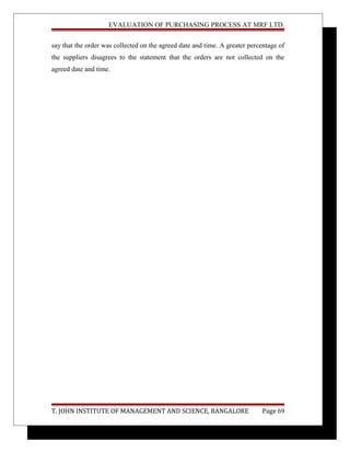 EVALUATION OF PURCHASING PROCESS AT MRF LTD.
say that the order was collected on the agreed date and time. A greater percentage of
the suppliers disagrees to the statement that the orders are not collected on the
agreed date and time.
T. JOHN INSTITUTE OF MANAGEMENT AND SCIENCE, BANGALORE Page 69
 