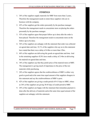 EVALUATION OF PURCHASING PROCESS AT MRF LTD.
FINDINGS
1. 36% of the suppliers supply materials for MRF from more than 2 years,
Therefore the management needs to retain these suppliers who are in
business with the company.
2. 42% of the suppliers get the orders personally by the purchase manager.
Therefore the management needs to concentrate more on placing the orders
personally by the purchase manager.
3. 52% of the suppliers agree that proper follow up is done after the order is
been placed. Therefore the management needs to concentrate more on the
follow ups to be done.
4. 56% of the suppliers are unhappy with the statement that order was collected
on agreed date and time. 32.1% of the suppliers who say no to this statement
have stated that there was a delay of 4-8hrs or more than 12hrs.
5. 66% of the suppliers are delivering the goods on agreed date and time. And
in the remaining suppliers 42.8% have made a delay of 2-4hrs in delivering
the material on agreed date and time.
6. 34% of the suppliers say that they prefer price of the material more at MRF.
The management is giving much of importance to the price of the raw
materials while purchasing.
7. 24% of the suppliers agrees that the creditworthiness of MRF is either very
good or good and at the same time equal amount of the suppliers disagree to
this statement and say the creditworthiness of MRF is poor.
8. 42% of the suppliers are giving a credit period of 0-15 days to MRF, where
as 36% of the suppliers are giving 30-45 days of credit period to MRF.
9. 24% of the suppliers are happy with the statement that immediate payment is
done after the delivery of materials and at the same time equal amount of the
suppliers are unhappy with this statement.
T. JOHN INSTITUTE OF MANAGEMENT AND SCIENCE, BANGALORE Page 77
 